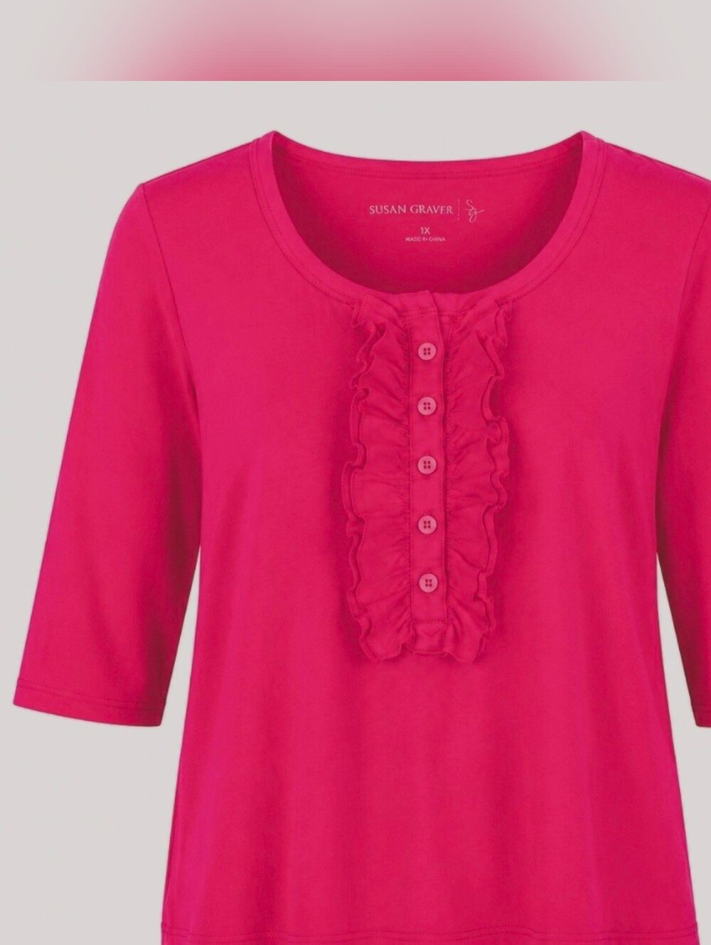 Susan Graver Pink Ruffle Blouse Women Plus 1x Front Henley 3/4 Sleeve Scoop Neck
